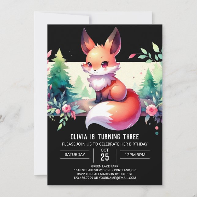 Cute Magical Fox Birthday digital Invitation (Front)