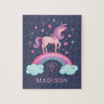 Cute Magical Girls Rainbow Unicorn Jigsaw Puzzle<br><div class="desc">A cute,  magical unicorn with hearts and a rainbow decorate this puzzle. Personalise it with her name. A fun gift for a girl. Designed for you by Blackberry Boulevard.</div>