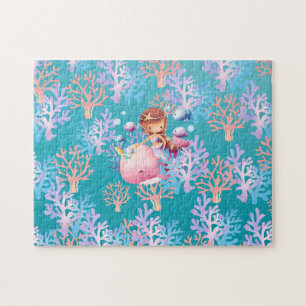 Cute Magical Mermaid fish coral sea Birthday girls Jigsaw Puzzle