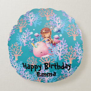 Cute Magical Mermaid fish coral sea Birthday girls Round Cushion