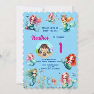 Cute Magical Mermaid On-dear-the-Sea 1st Birthday Invitation