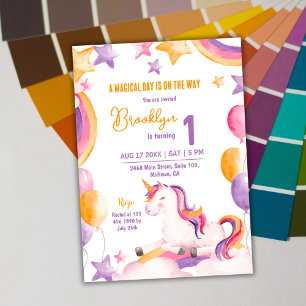 Cute magical modern unicorn rainbow 1st birthday invitation