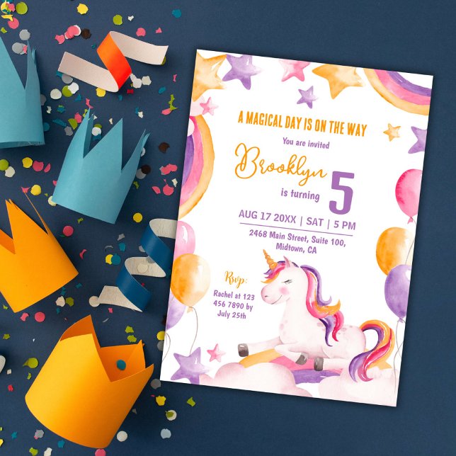Cute magical modern unicorn rainbow 5th birthday invitation (Creator Uploaded)