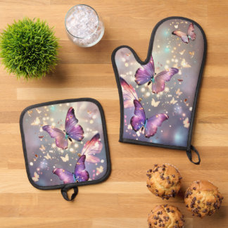 Cute magical purple Butterfly Oven Mitt & Pot Holder Set