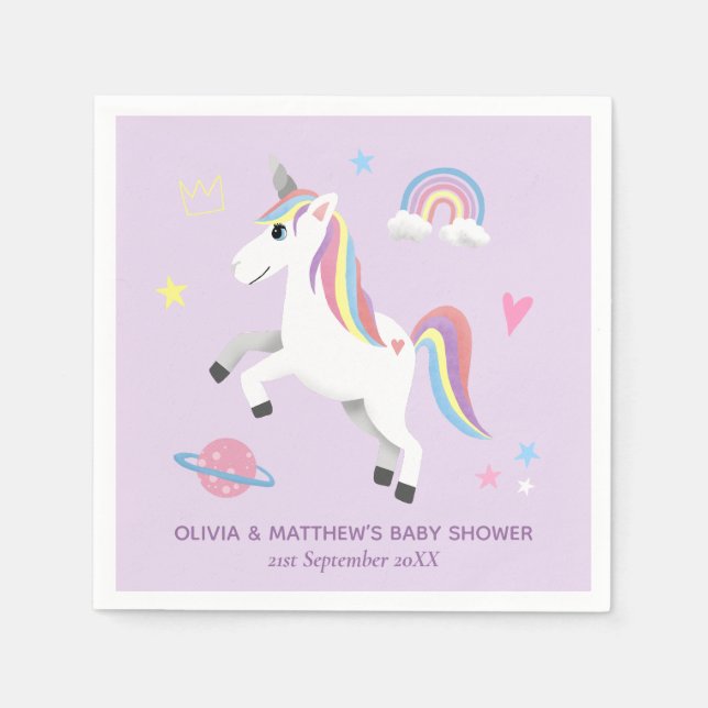 Cute Magical Purple Unicorn Girls Baby Shower Napkin (Front)