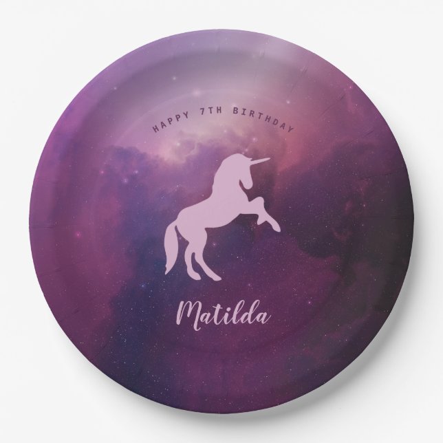 cute magical purple unicorn paper plate (Front)