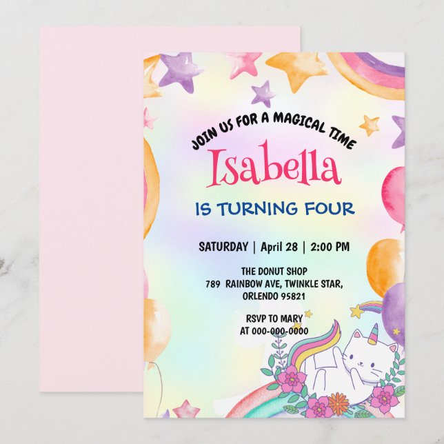 Cute Magical Rainbow Cat Unicorn Birthday Party  Invitation (Front/Back)