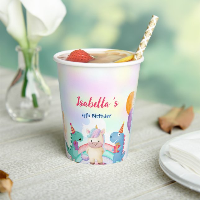 Cute Magical Rainbow Dino Unicorn Birthday Party  Paper Cups (Insitu)