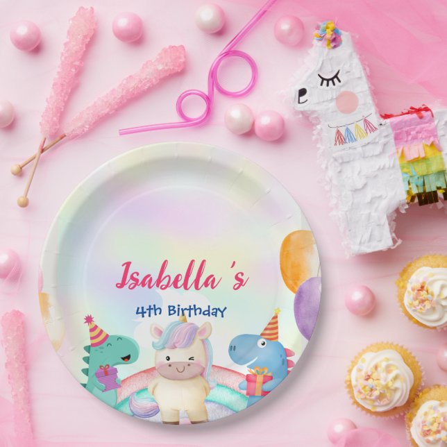 Cute Magical Rainbow Dino Unicorn Birthday Party  Paper Plate (Party)