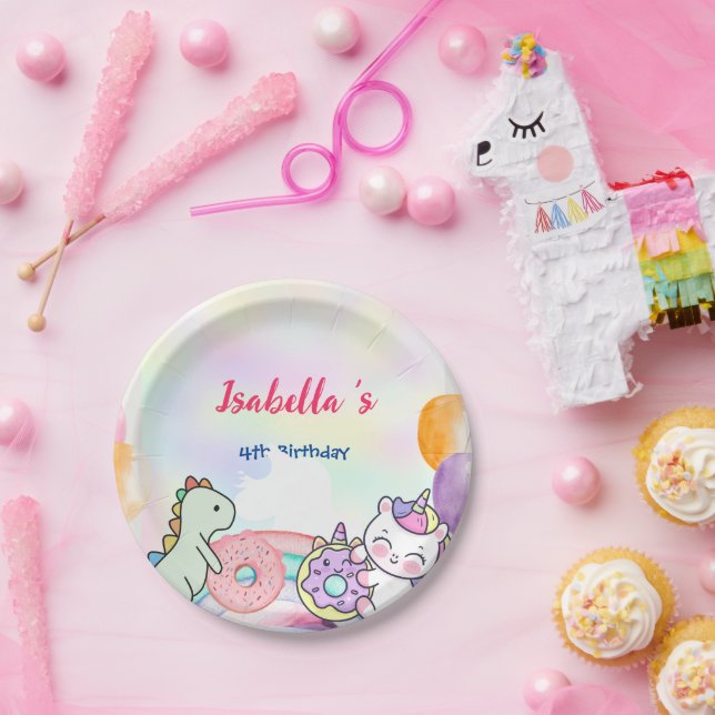 Cute Magical Rainbow Dino Unicorn Birthday Party  Paper Plate (Party)