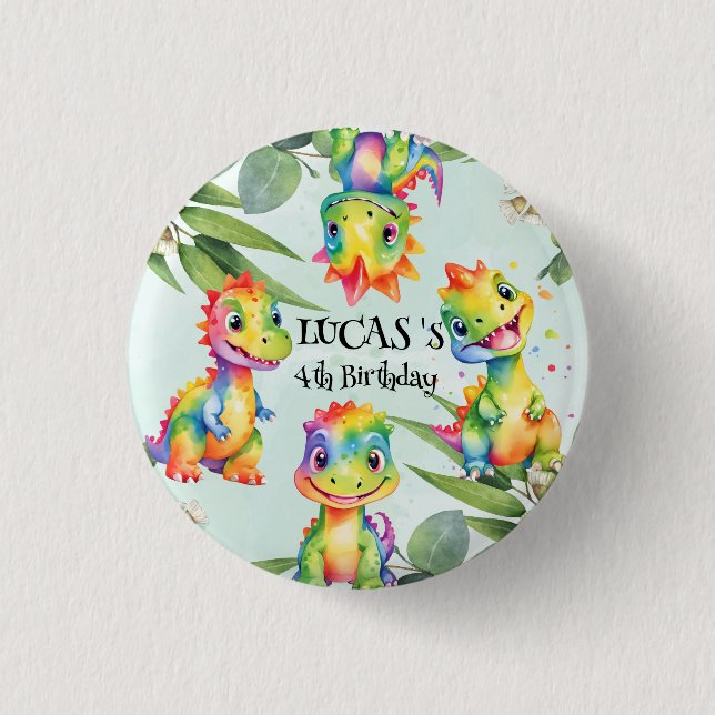 Cute Magical Rainbow Dinosaur Happy Birthday Party 3 Cm Round Badge (Front)