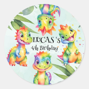 Cute Magical Rainbow Dinosaur Happy Birthday Party Classic Round Sticker