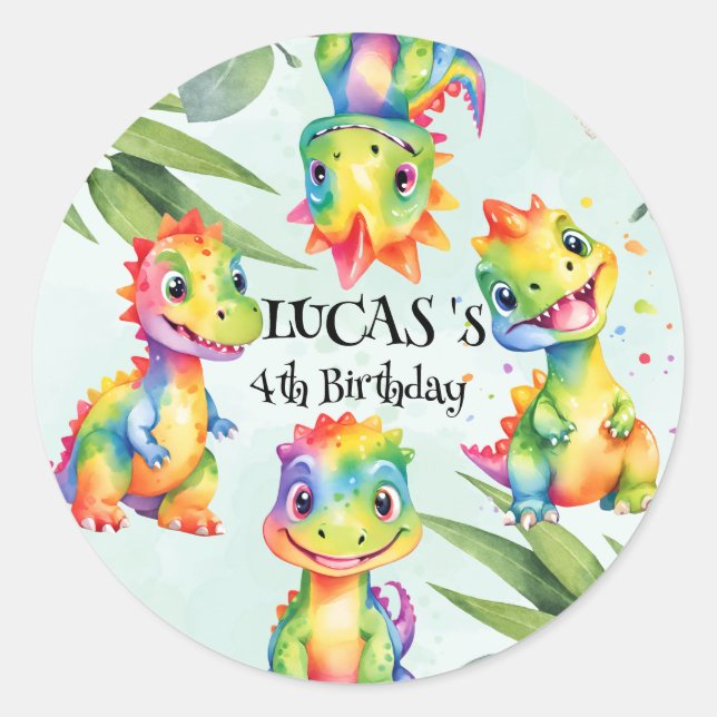 Cute Magical Rainbow Dinosaur Happy Birthday Party Classic Round Sticker (Front)