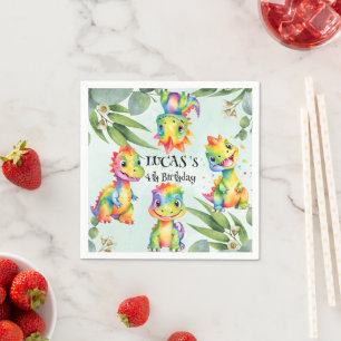 Cute Magical Rainbow Dinosaur Happy Birthday Party Napkin