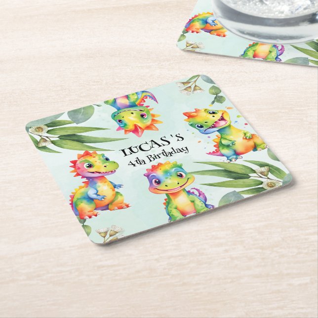 Cute Magical Rainbow Dinosaur Happy Birthday Party Square Paper Coaster (Angled)