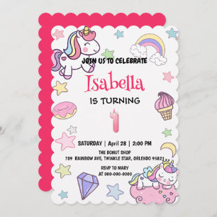Cute Magical Rainbow Unicorn 1st Birthday Party  Invitation