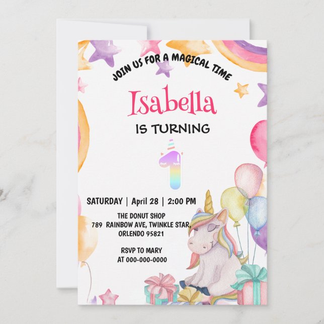 Cute Magical Rainbow Unicorn 1st Birthday Party  Invitation (Front)
