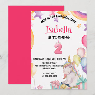 Cute Magical Rainbow Unicorn 2nd Birthday Party  Invitation