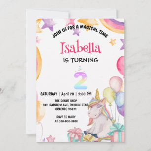 Cute Magical Rainbow Unicorn 2nd Birthday Party  Invitation