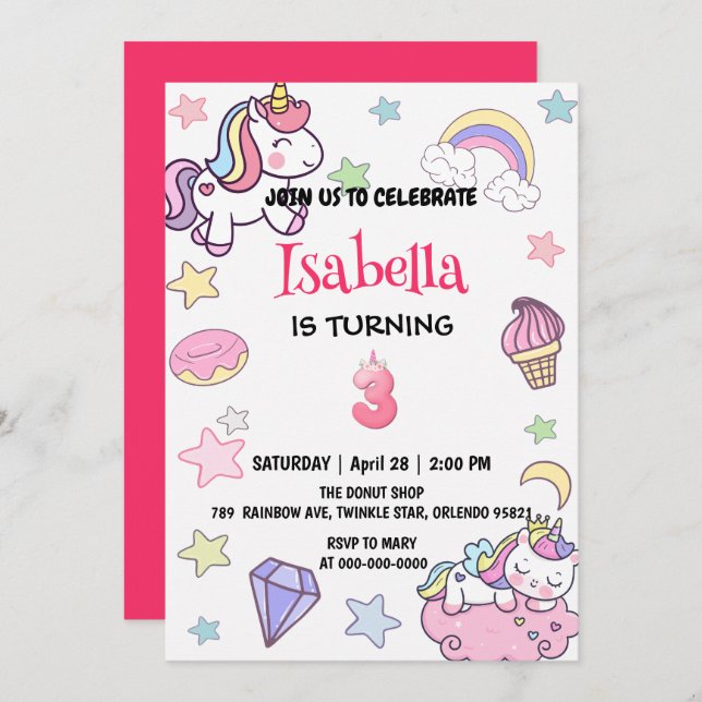 Cute Magical Rainbow Unicorn 3rd Birthday Party  Invitation (Front/Back)