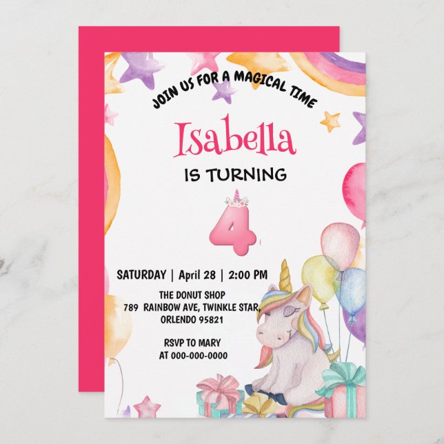 Cute Magical Rainbow Unicorn 4th Birthday Party  Invitation (Front/Back)