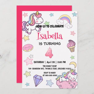 Cute Magical Rainbow Unicorn 4th Birthday Party  Invitation