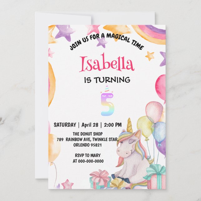 Cute Magical Rainbow Unicorn 5th Birthday Party  Invitation (Front)