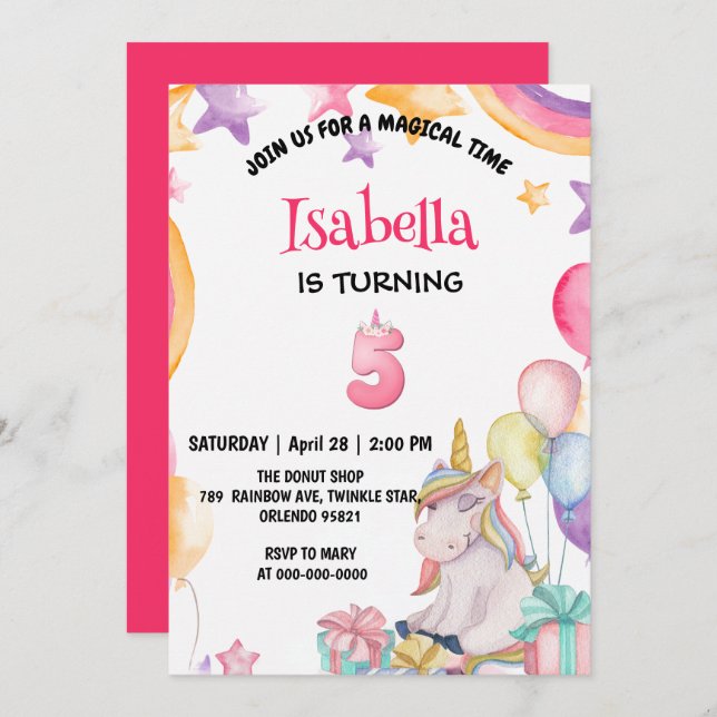 Cute Magical Rainbow Unicorn 5th Birthday Party  Invitation (Front/Back)