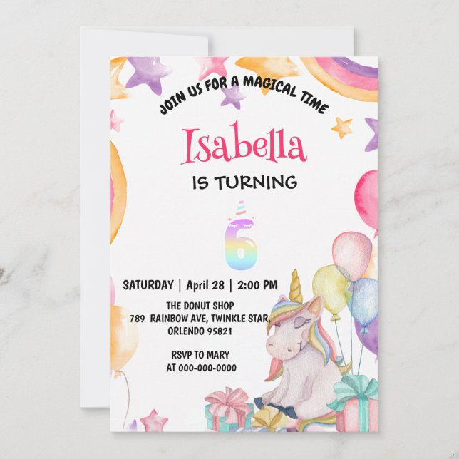 Cute Magical Rainbow Unicorn 6th Birthday Party  Invitation (Front)