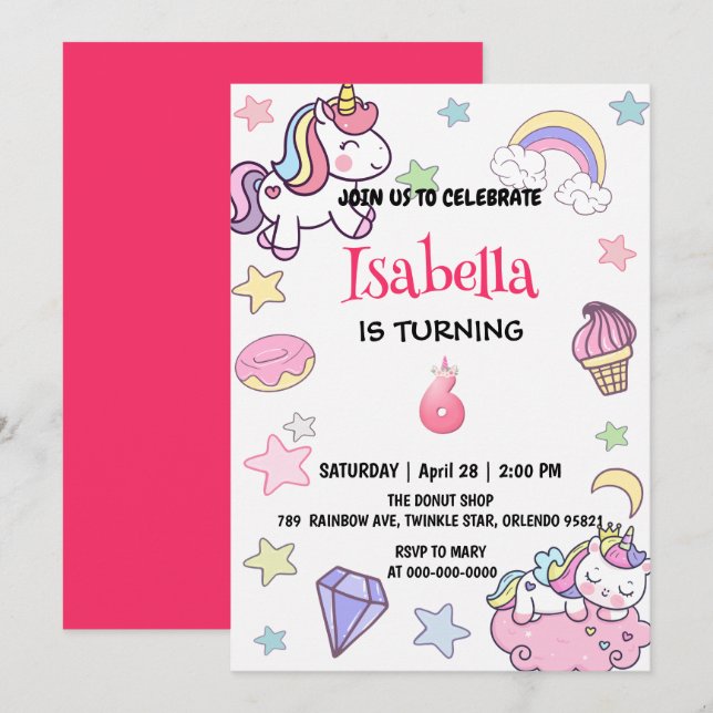 Cute Magical Rainbow Unicorn 6th Birthday Party  Invitation (Front/Back)