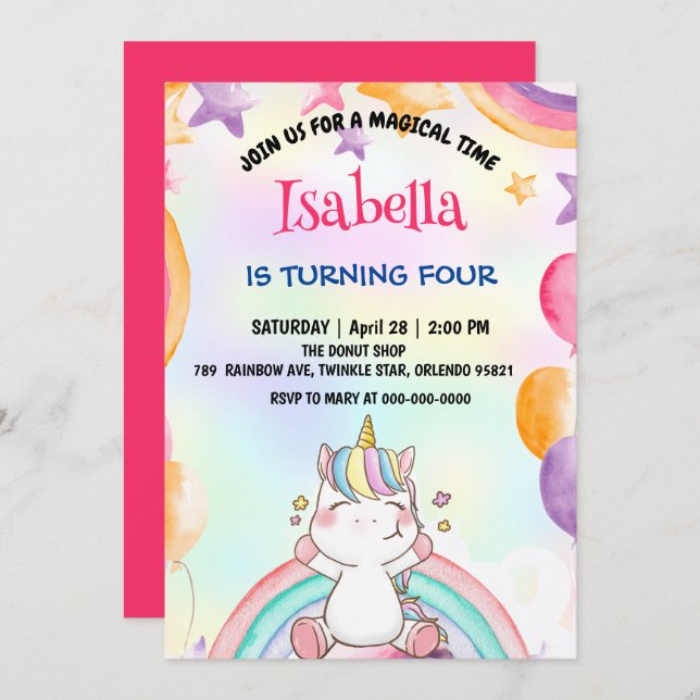 Cute Magical Rainbow Unicorn Birthday Party  Invitation (Front/Back)