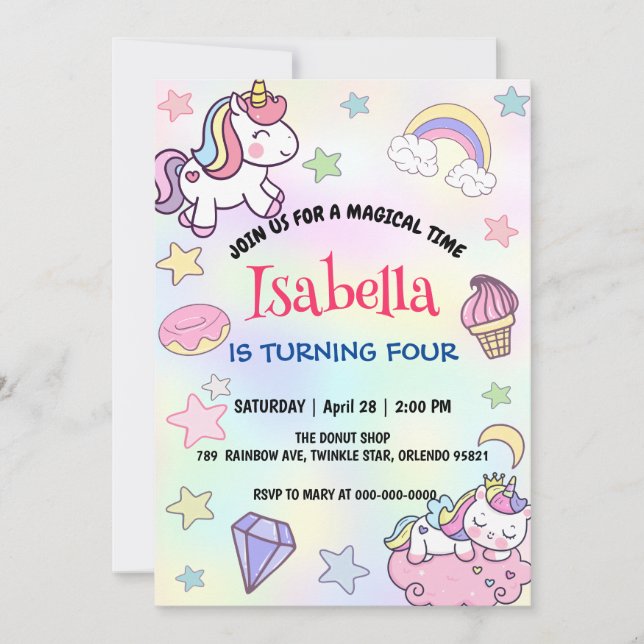 Cute Magical Rainbow Unicorn Birthday Party  Invitation (Front)