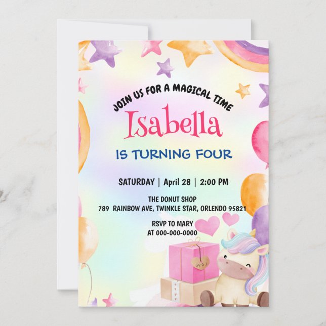 Cute Magical Rainbow Unicorn Birthday Party  Invitation (Front)