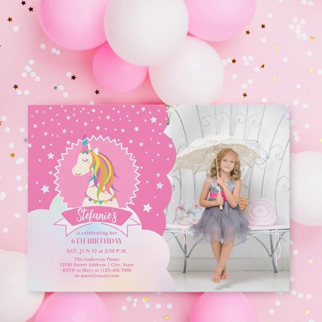 Cute Magical Rainbow Unicorn Girl Birthday Photo Invitation (Creator Uploaded)