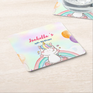 Cute Magical Rainbow Unicorn Happy Birthday Party  Square Paper Coaster