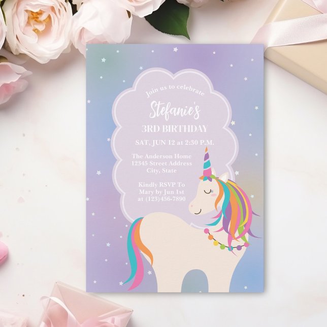 Cute Magical Rainbow Unicorn Kids Birthday Party Invitation (Creator Uploaded)