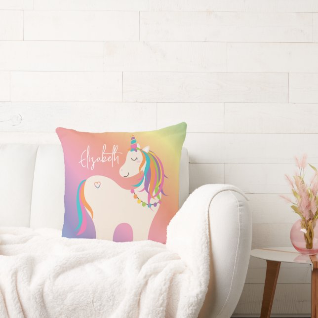 Cute Magical Rainbow Unicorn Personalised Name Cushion (Couch)