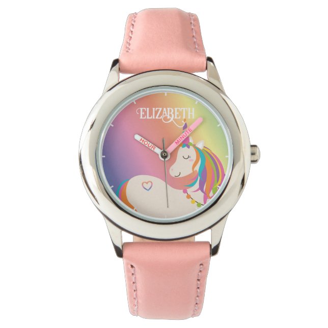Cute Magical Rainbow Unicorn Personalised Name Watch (Front)