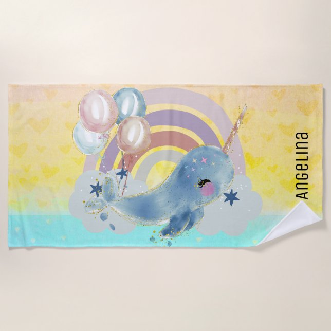 Cute Magical Sea Unicorn Custom Name      Beach Towel (Front)