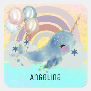 Cute Magical Sea Unicorn Custom Name     Square Sticker