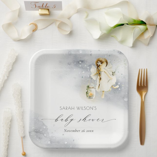 Cute Magical Starry Watercolor Fairy Baby Shower Paper Plate (Wedding)