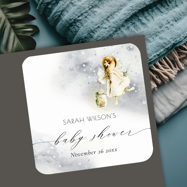 Cute Magical Starry Watercolor Fairy Baby Shower Square Sticker (Creator Uploaded)