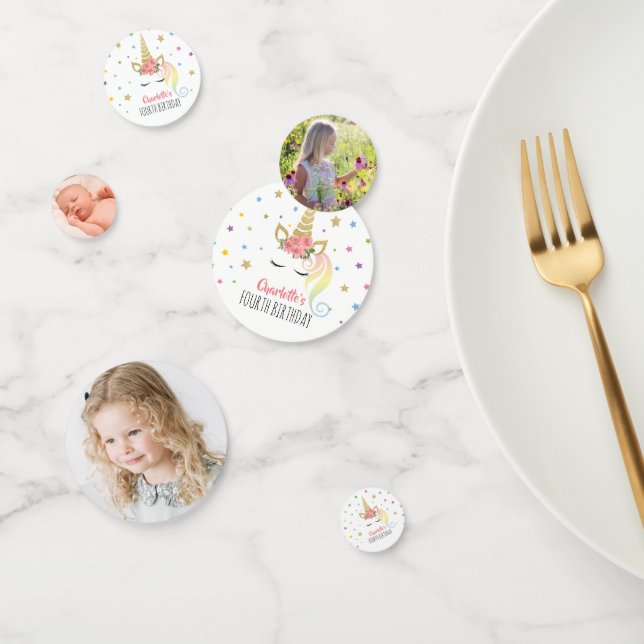 Cute Magical Unicorn 3 Photo Birthday Party Confetti (Group)