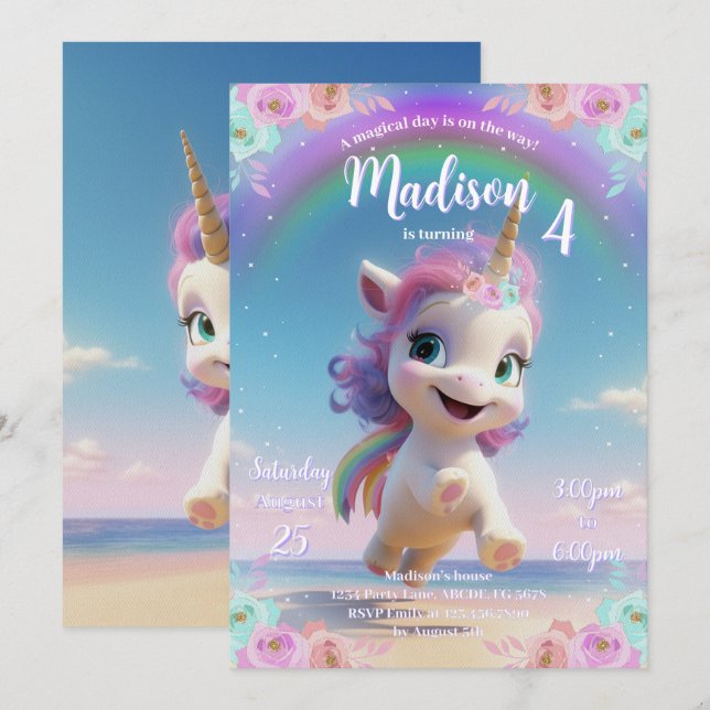 Cute Magical Unicorn Birthday Invitation (Front/Back)
