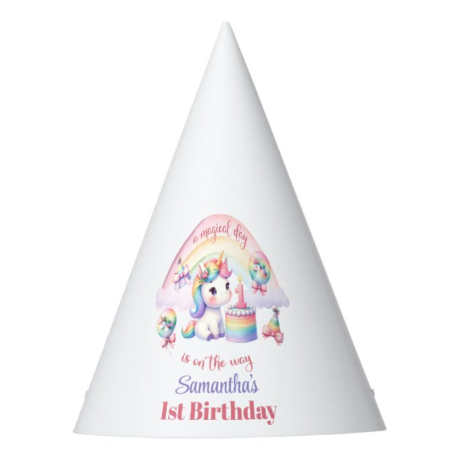 Cute Magical Unicorn girl first birthday Rainbow  Party Hat (Front)