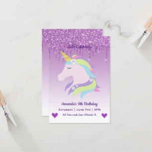 Cute Magical Unicorn & Hearts Birthday Invitation