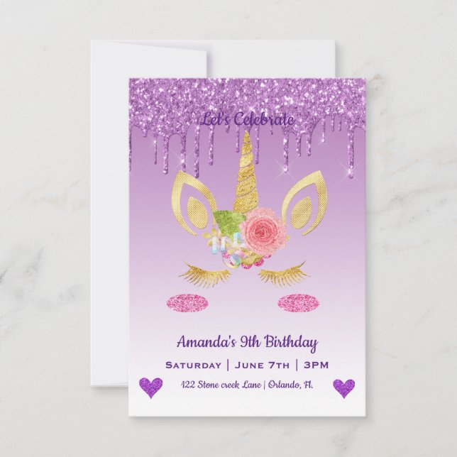 Cute Magical Unicorn & Hearts Birthday Invitation (Front)