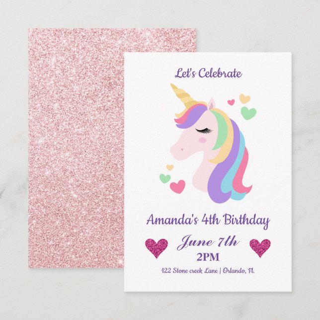 Cute Magical Unicorn & Hearts Birthday Invitation (Front/Back)