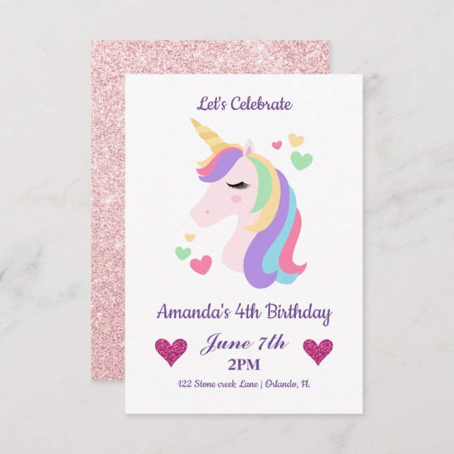 Cute Magical Unicorn & Hearts Birthday Invitation (Front/Back)