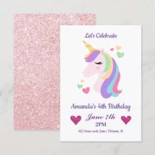 Cute Magical Unicorn & Hearts Birthday Invitation